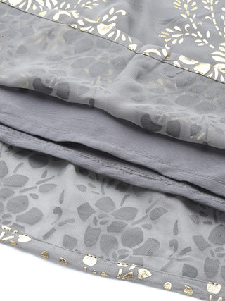 Floral Printed Pleated Grey Georgette Kurta with Palazzos & With Dupatta