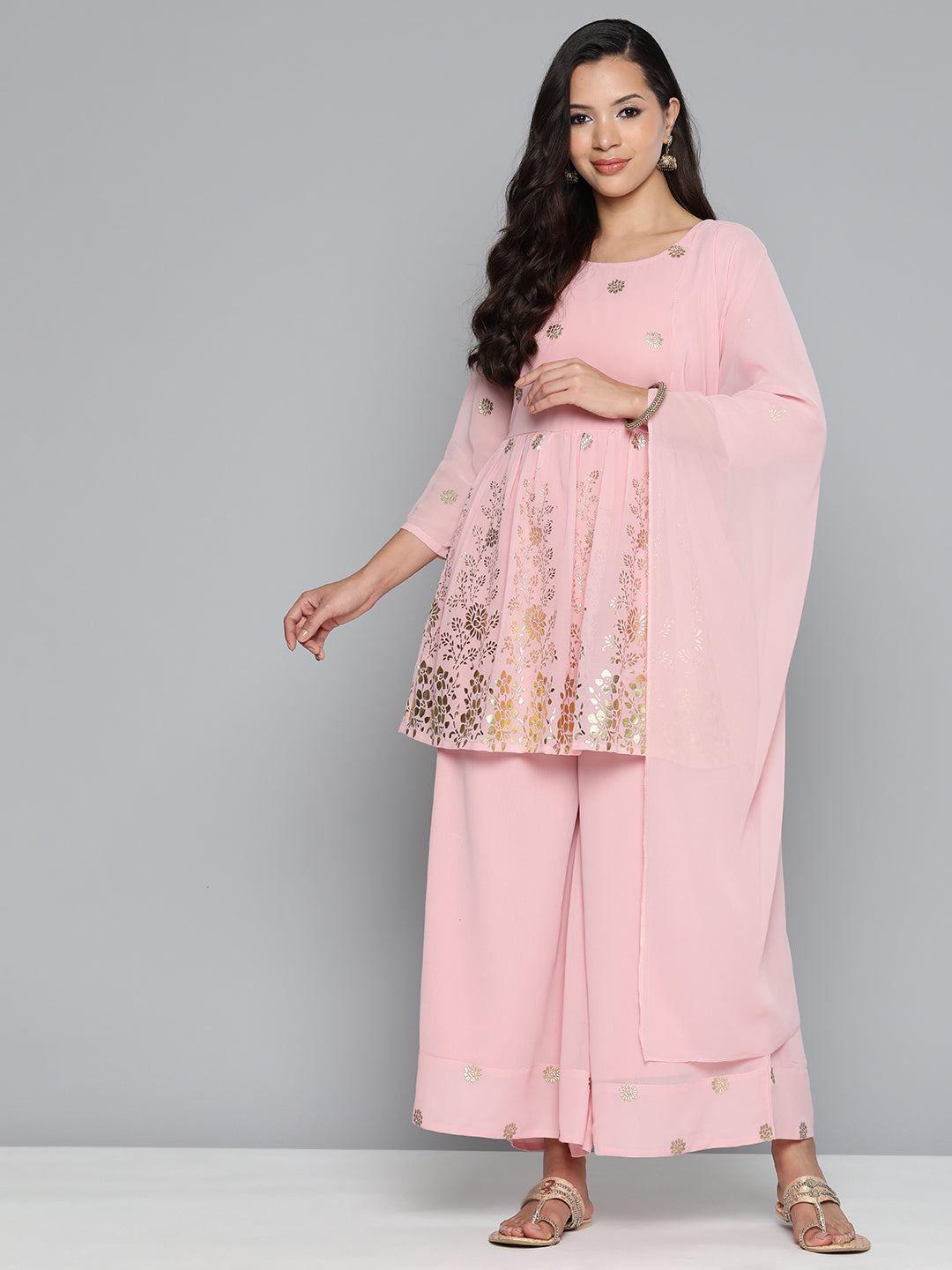 Floral Printed Pleated Pink Georgette Kurta with Palazzos & With Dupatta