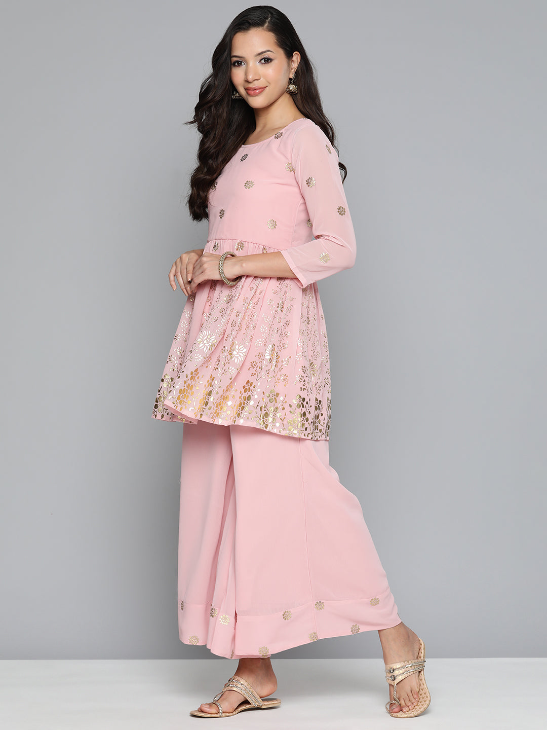 Floral Printed Pleated Pink Georgette Kurta with Palazzos & With Dupatta