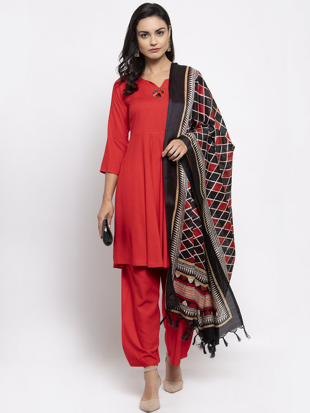 Jompers Women Red Solid Kurta with Palazzos & Printed Dupatta