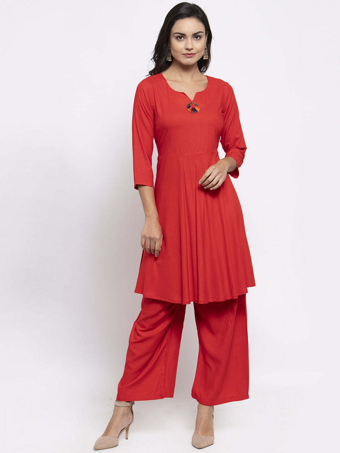 Jompers Women Red Solid Kurta with Palazzos & Printed Dupatta