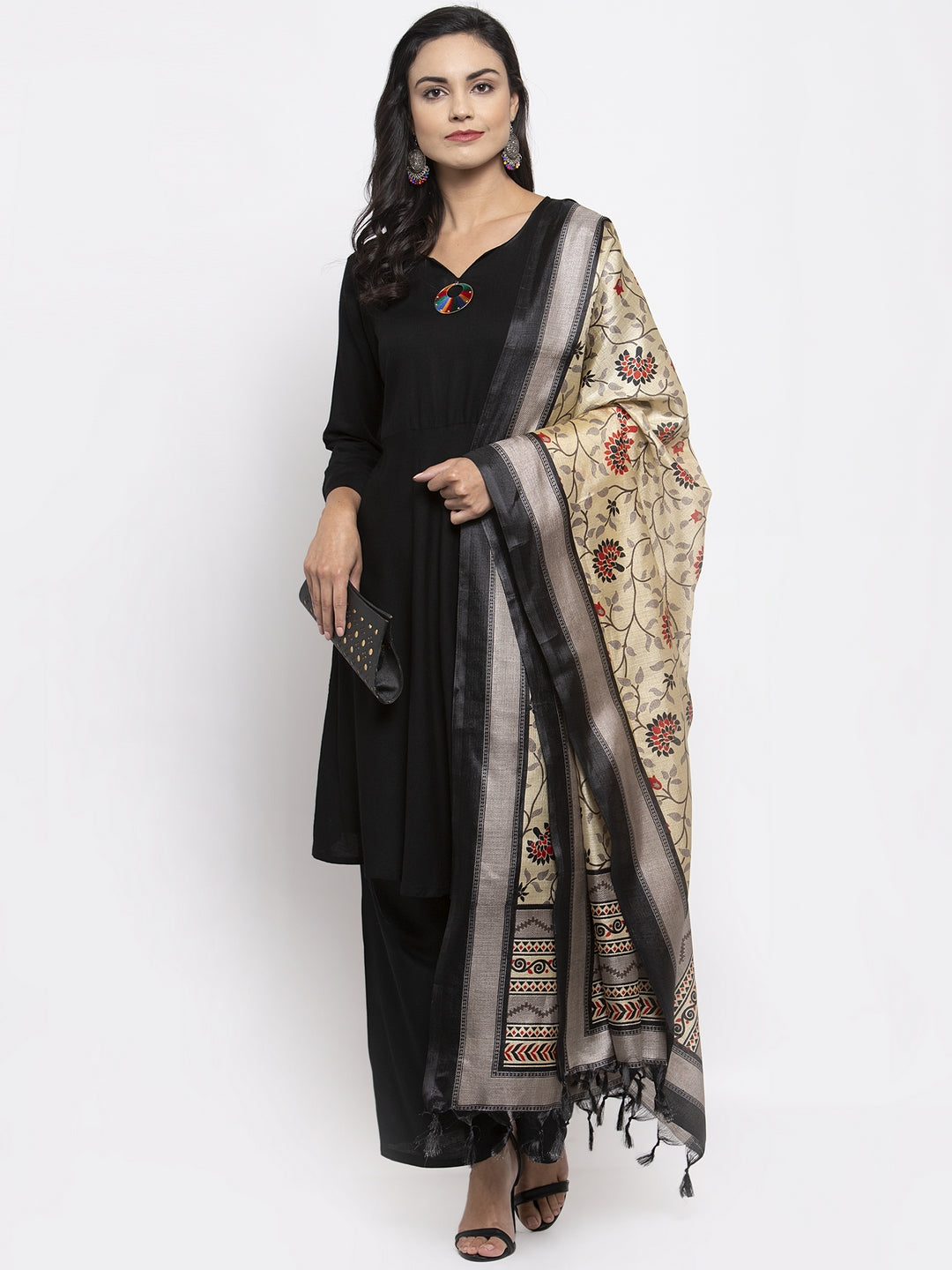 Jompers Women Black & Red Solid Kurta with Palazzos & Beige-Red Printed Dupatta