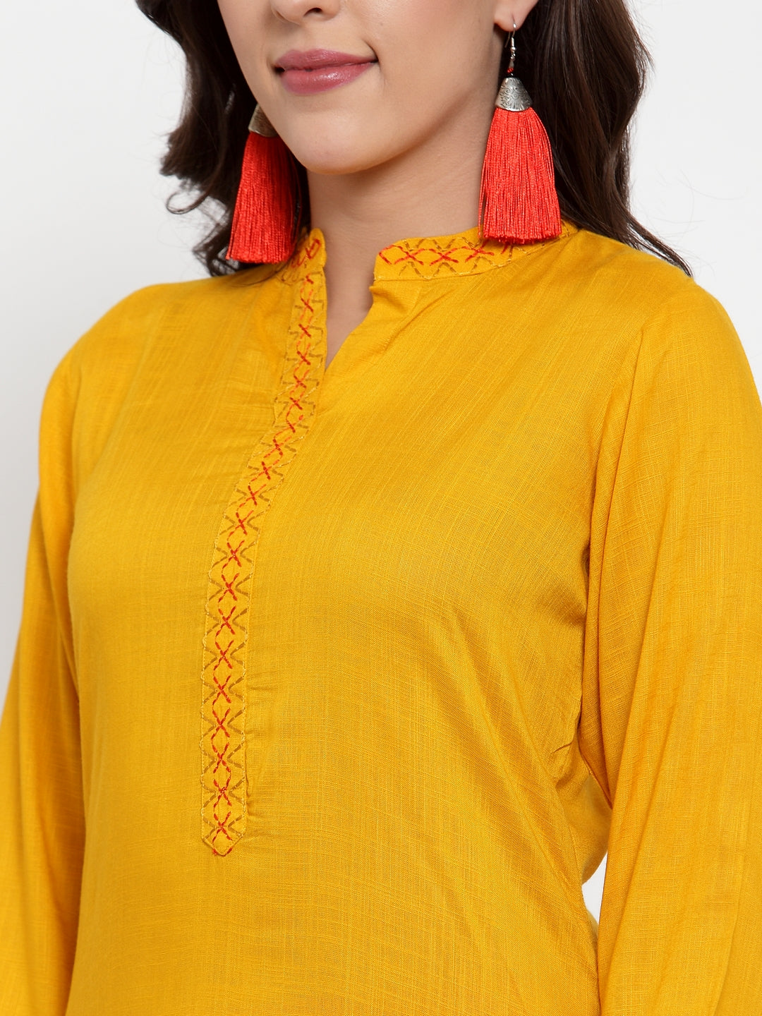 Women Mustard Yellow & Red Embroidered Kurta with Palazzos & Dupatta