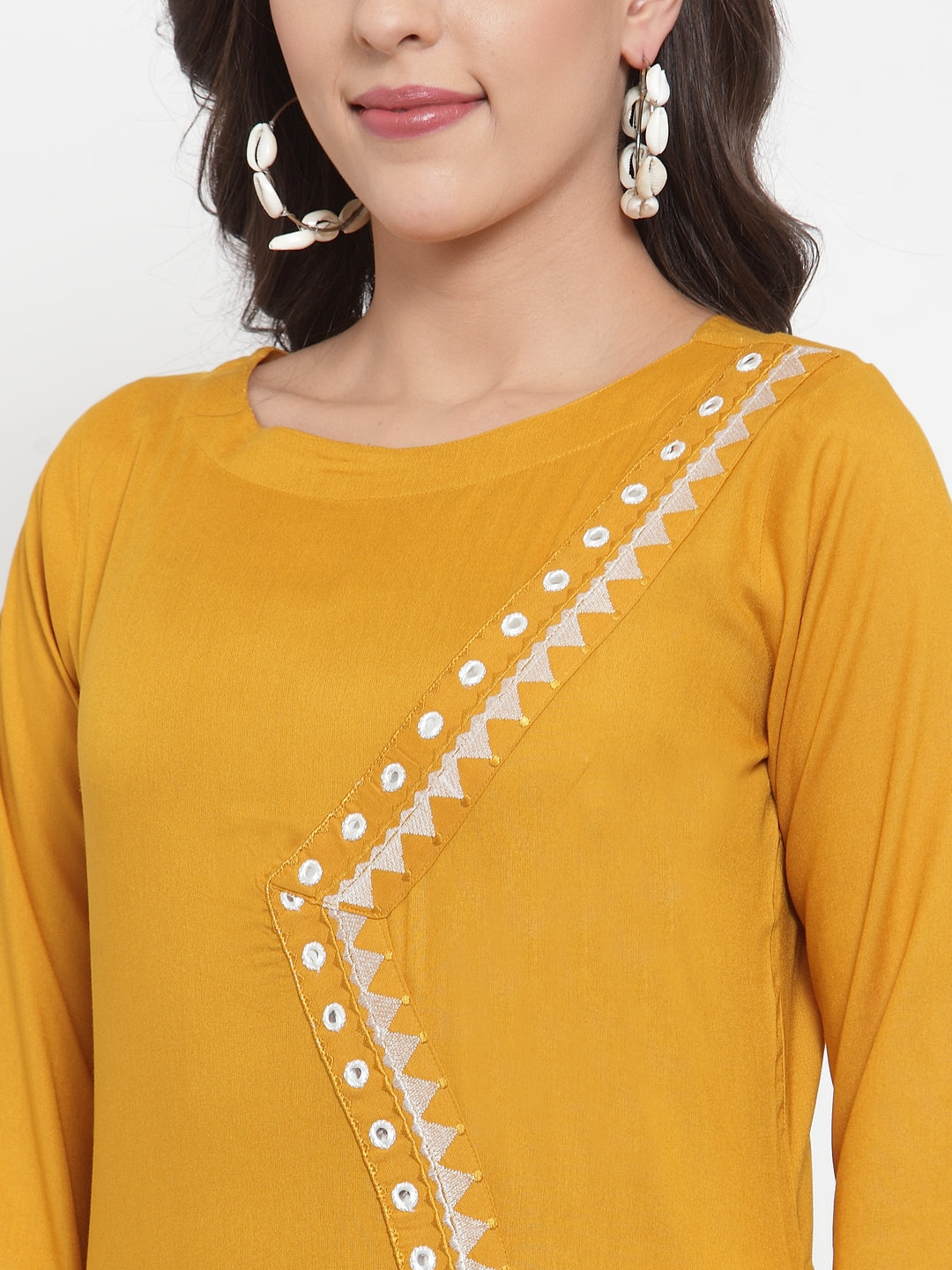 Women Mustard Yellow & Off-White Embroidered Kurta with Palazzos