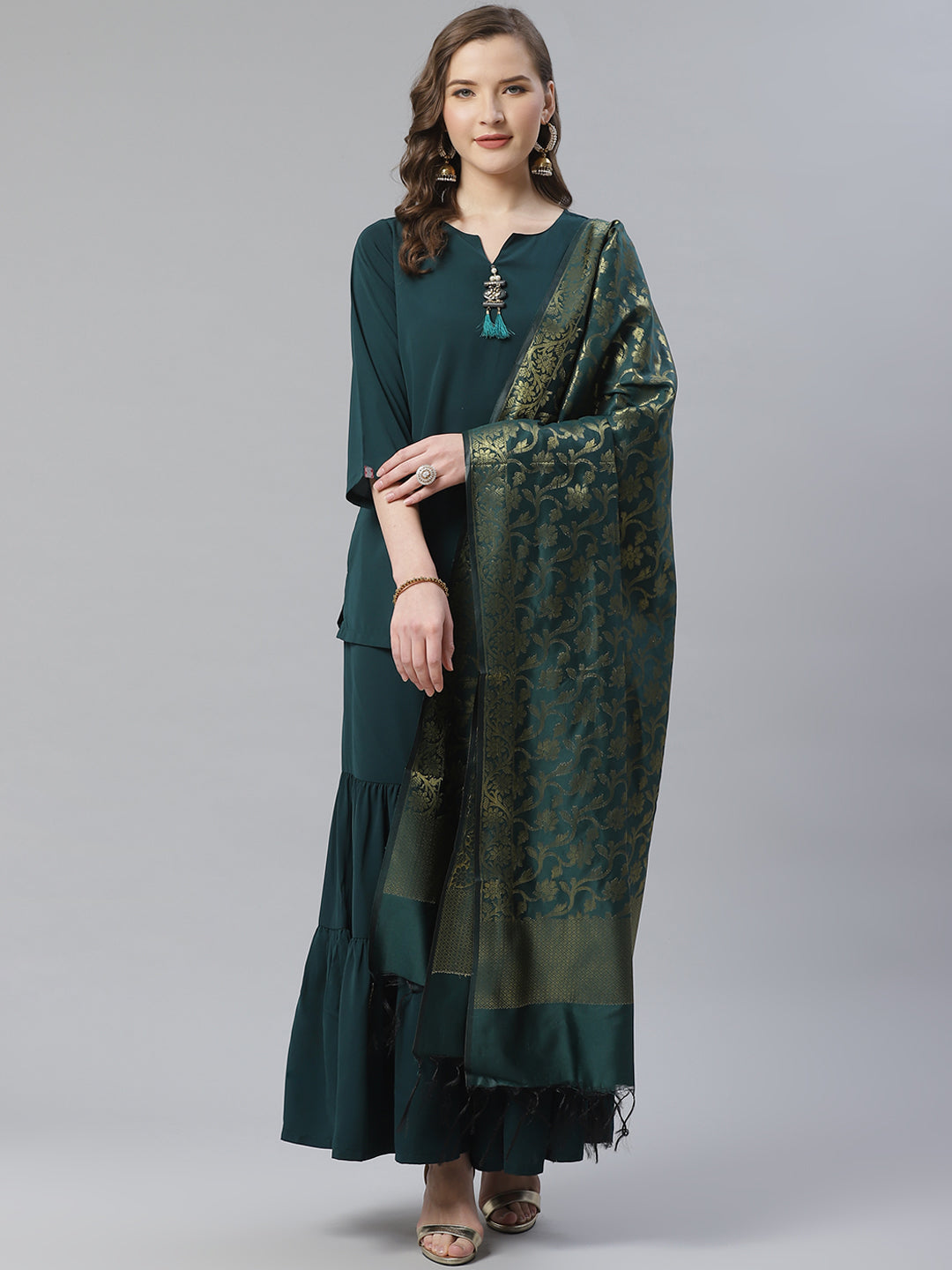 Jompers Women Green & Golden Solid Kurti with Sharara & Woven Design Dupatta