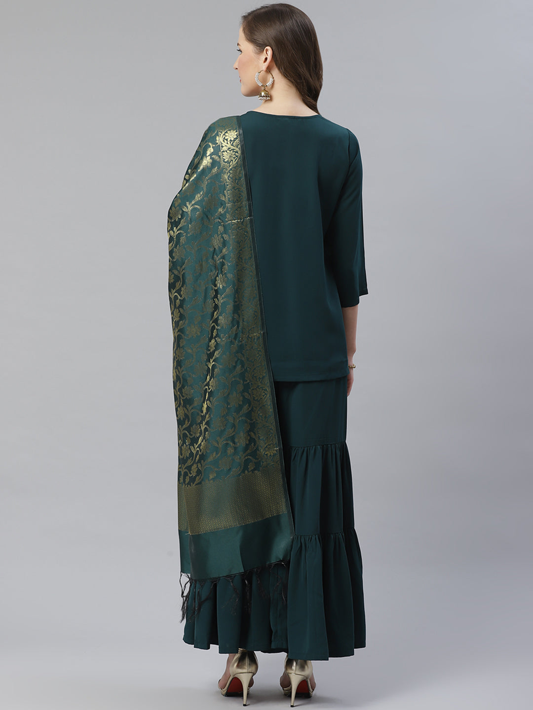 Jompers Women Green & Golden Solid Kurti with Sharara & Woven Design Dupatta