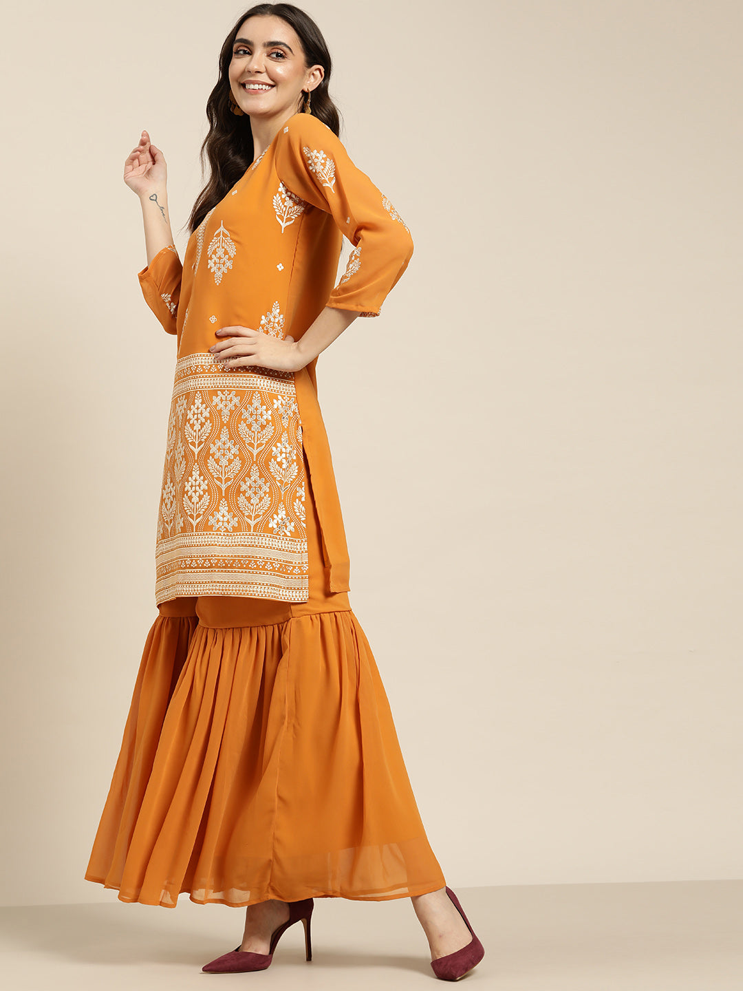 Women Orange & Silver Ethnic Motifs Foil Printed Straight Kurta Sharara Dupatta