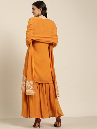 Women Orange & Silver Ethnic Motifs Foil Printed Straight Kurta Sharara Dupatta