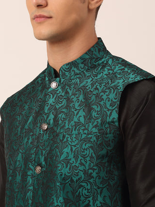 Men's Solid Kurta Pyjama With Green Woven Design Nehru Jacket