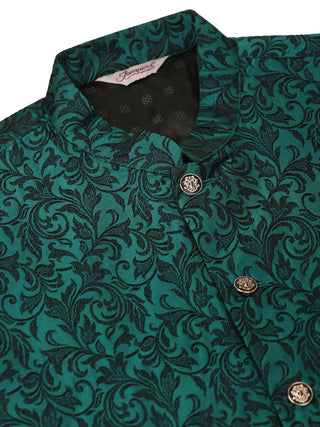 Men's Solid Kurta Pyjama With Green Woven Design Nehru Jacket