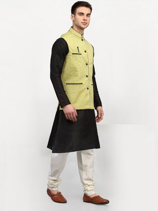 Jompers Men's Black Dupion Silk Kurta with Churidar & Nehru Jacket