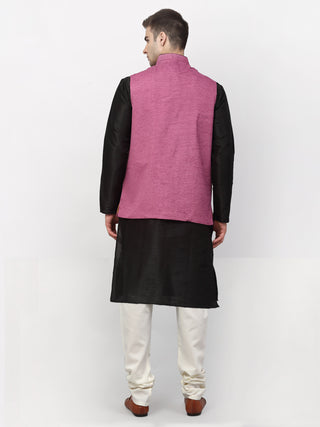 Jompers Men's Black Dupion Silk Kurta with Churidar & Nehru Jacket
