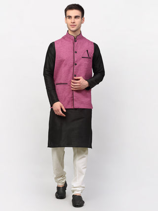 Jompers Men's Black Dupion Silk Kurta with Churidar & Nehru Jacket