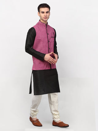 Jompers Men's Black Dupion Silk Kurta with Churidar & Nehru Jacket