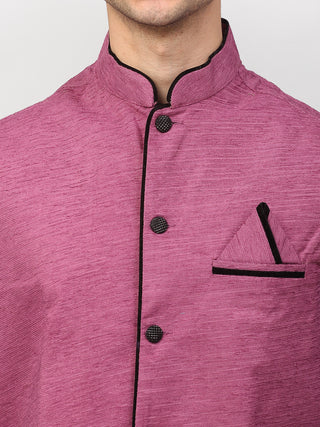 Jompers Men's Black Dupion Silk Kurta with Churidar & Nehru Jacket