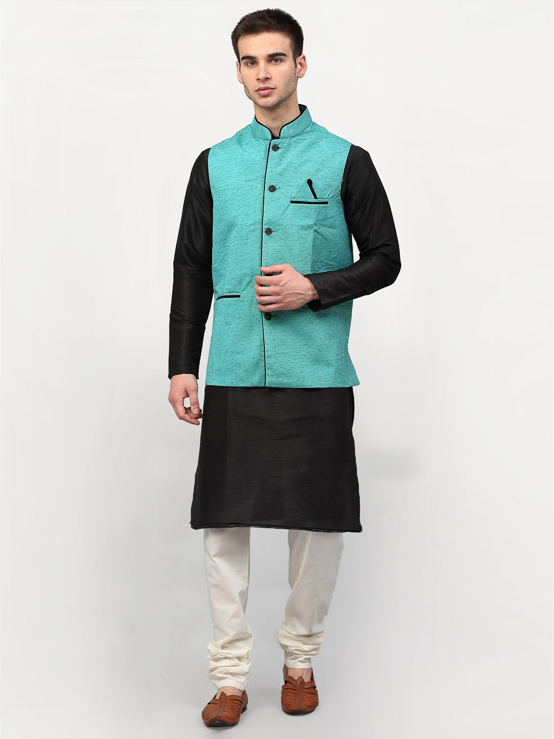 Jompers Men's Black Dupion Silk Kurta with Churidar & Nehru Jacket