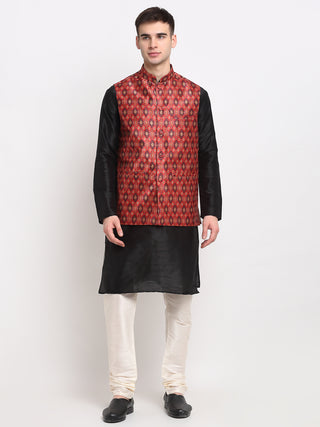 Jompers Men's Black Dupion Silk Kurta with Churidar & Nehru Jacket