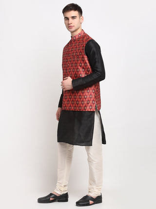 Jompers Men's Black Dupion Silk Kurta with Churidar & Nehru Jacket