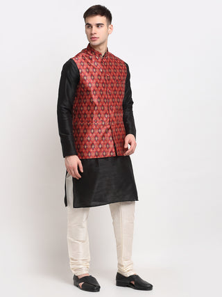 Jompers Men's Black Dupion Silk Kurta with Churidar & Nehru Jacket