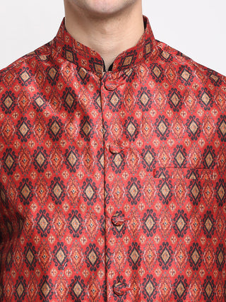 Jompers Men's Black Dupion Silk Kurta with Churidar & Nehru Jacket