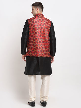 Jompers Men's Black Dupion Silk Kurta with Churidar & Nehru Jacket