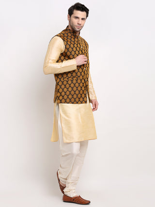 Jompers Men's Golden Dupion Silk Kurta with Churidar & Nehru Jacket