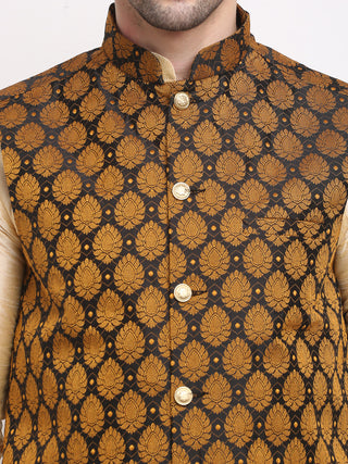 Jompers Men's Golden Dupion Silk Kurta with Churidar & Nehru Jacket