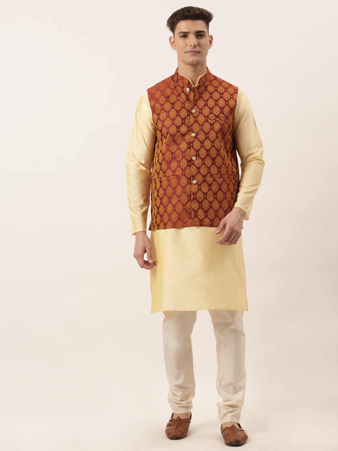Men's Silk Blend Dark Gold Embroidered Kurta & Self Design Nehru jacket  With White Churidar Set