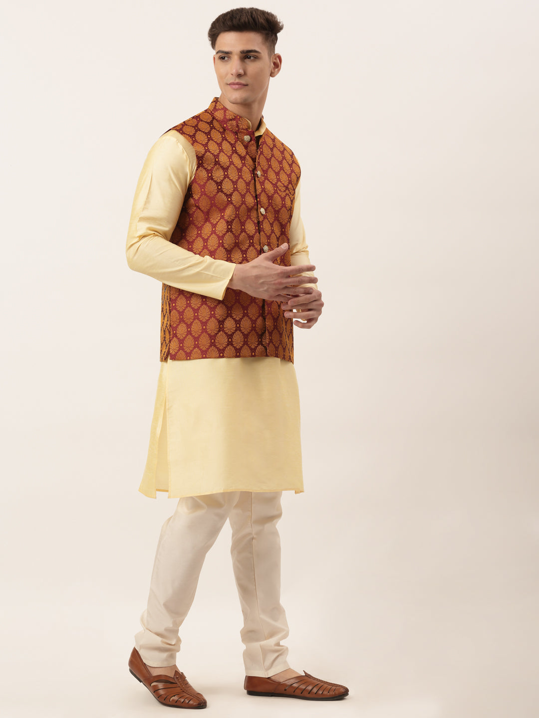 Buy Persian Blue Jacket Kurta Set In Silk With Threadwork