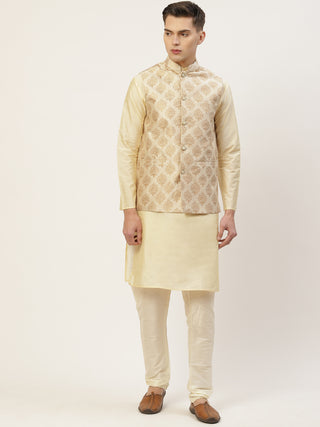 Men's Solid Kurta Pyjama With Floral Cream Printed Nehru Jacket