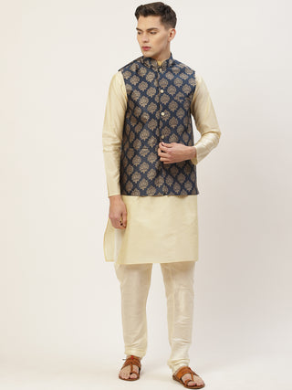 Men's Solid Kurta Pyjama With Floral Navy Printed Nehru Jacket