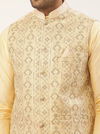 Men's Solid Kurta Pyjama With Cream Embroidered Nehru Jacket