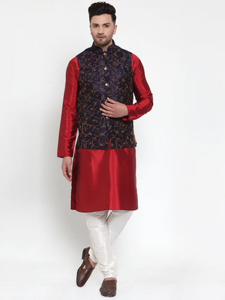 Jompers Men's Solid Dupion Kurta Pajama with Woven Nehru Jacket