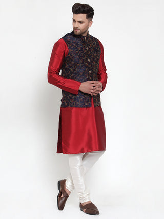 Jompers Men's Solid Dupion Kurta Pajama with Woven Nehru Jacket