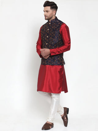 Jompers Men's Solid Dupion Kurta Pajama with Woven Nehru Jacket