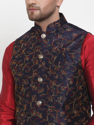 Jompers Men's Solid Dupion Kurta Pajama with Woven Nehru Jacket