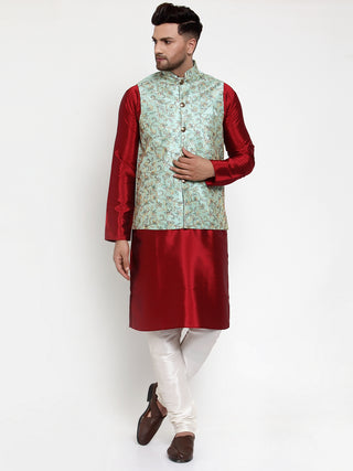 Jompers Men's Solid Dupion Kurta Pajama with Woven Nehru Jacket