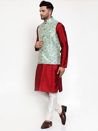 Jompers Men's Solid Dupion Kurta Pajama with Woven Nehru Jacket