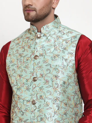 Jompers Men's Solid Dupion Kurta Pajama with Woven Nehru Jacket