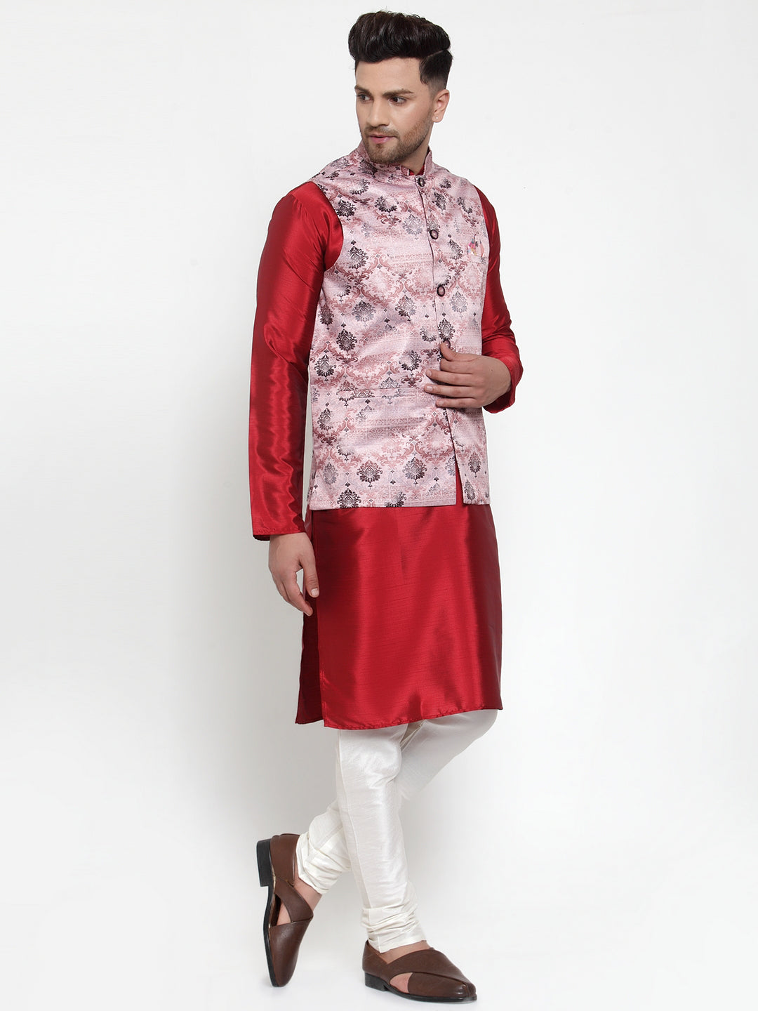 Jompers Men's Solid Dupion Kurta Pajama with Printed Nehru Jacket
