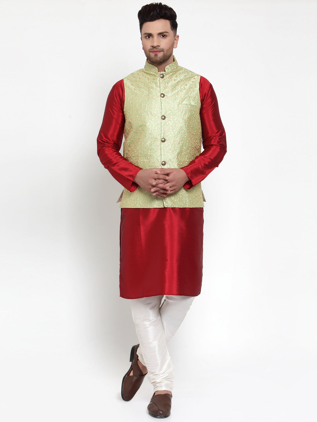 Jompers Men's Solid Dupion Kurta Pajama with Embroidered Nehru Jacket