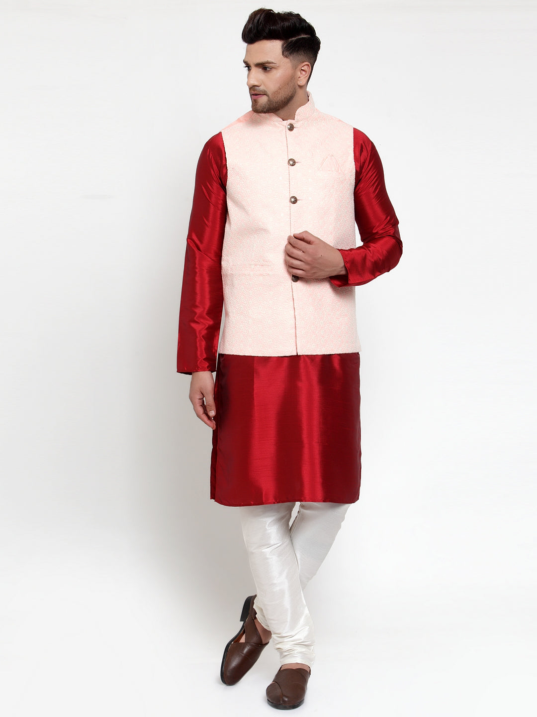 Jompers Men's Solid Dupion Kurta Pajama with Embroiderd Nehru Jacket