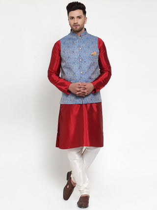 Jompers Men's Solid Dupion Kurta Pajama with Woven Jacqaurd Nehru Jacket