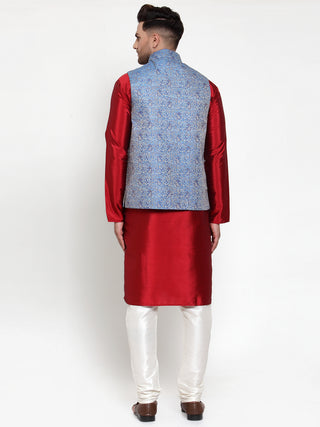 Jompers Men's Solid Dupion Kurta Pajama with Woven Jacqaurd Nehru Jacket