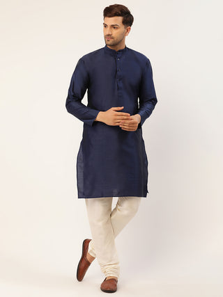 Men's Solid Kurta Pyjama With Blue Woven Design Nehru Jacket
