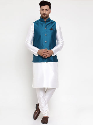 Jompers Men's Solid Dupion Kurta Pajama with Woven Nehru Jacket