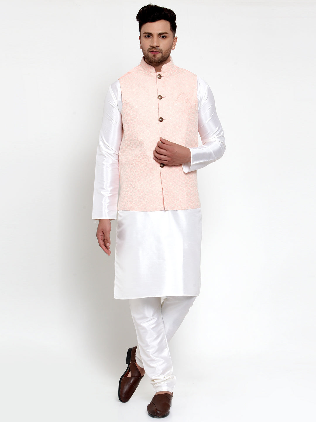 Jompers Men's Solid Dupion Kurta Pajama with Embroiderd Nehru Jacket