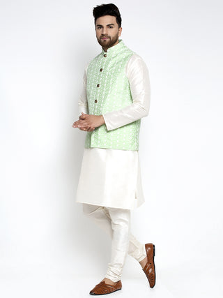 Jompers Men's Solid White Dupion Kurta Payjama with Embroidered Waistcoat