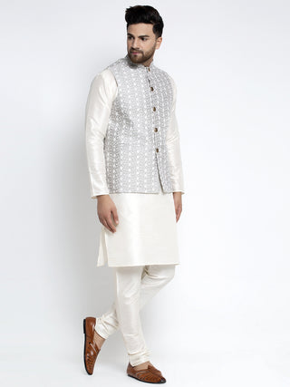 Jompers Men's Solid White Dupion Kurta Payjama with Embroidered Waistcoat