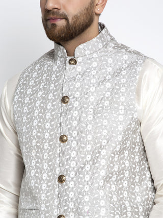 Jompers Men's Solid White Dupion Kurta Payjama with Embroidered Waistcoat